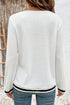 Preppy Waffle Knit V Neck Striped Trim Long Sleeve Top